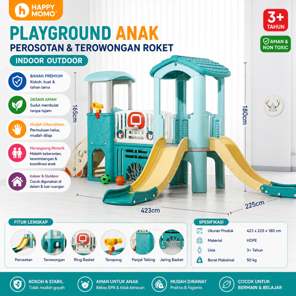 Playground Anak Happy Momo H2303 – Perosotan & Terowongan Roket Indoor Outdoor